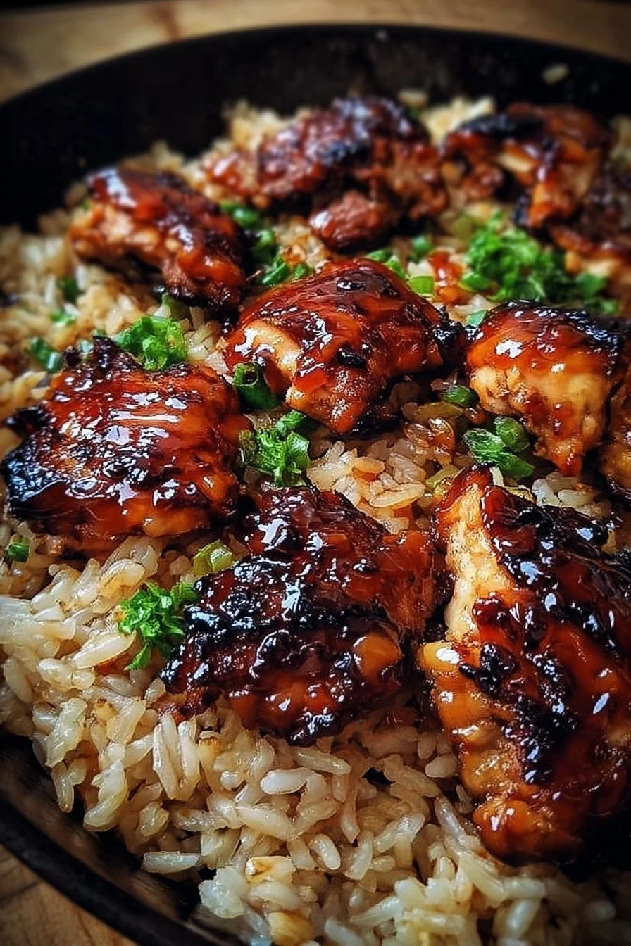 One-Pan Bold Honey BBQ Chicken Rice served in a skillet with vibrant veggies.