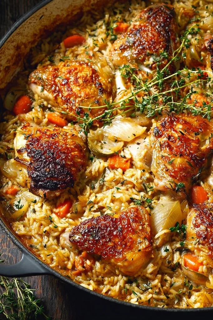 One-Pan Chicken and Rice Casserole ready to serve, featuring tender chicken and flavorful rice.