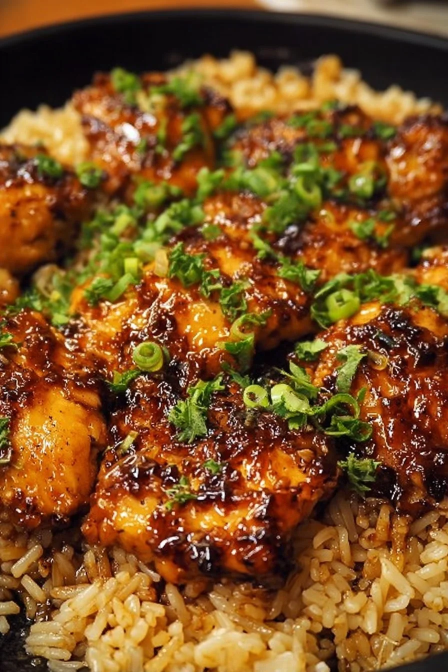 One-Pan Honey BBQ Chicken served with flavorful rice