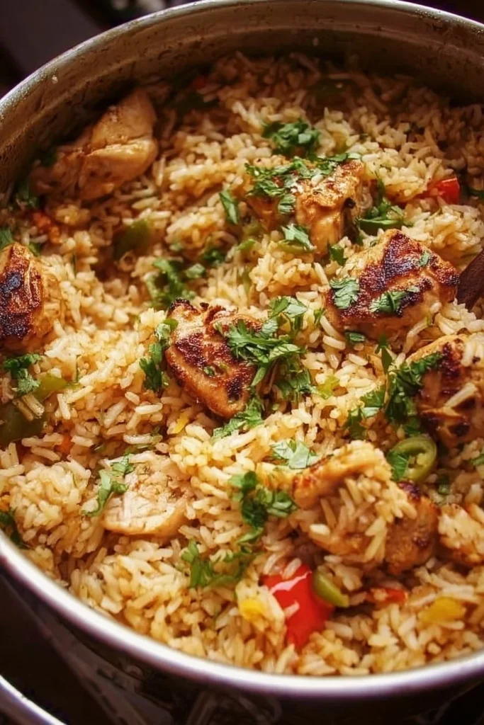 One-Pot Chicken and Rice meal with vibrant vegetables served in a bowl