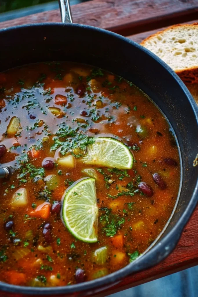 A hearty one-pot Dutch oven soup filled with vegetables and meat.