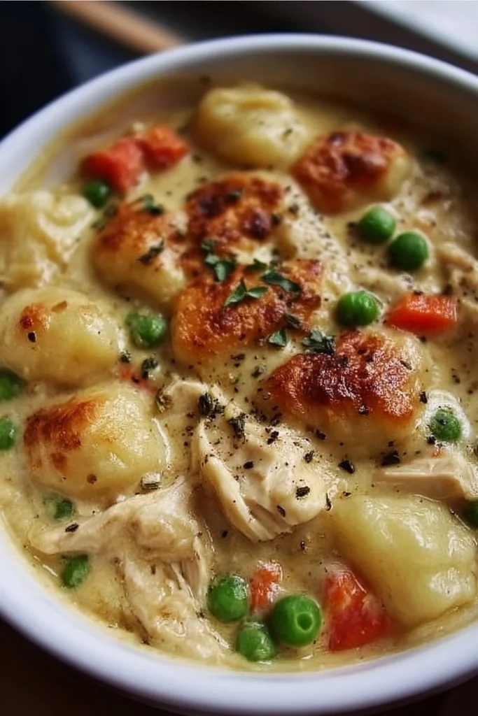 One Pot Gnocchi Chicken Pot Pie served in a rustic bowl with herbs