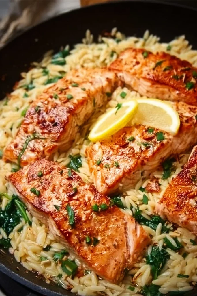 One skillet salmon served with lemon orzo in a vibrant dish