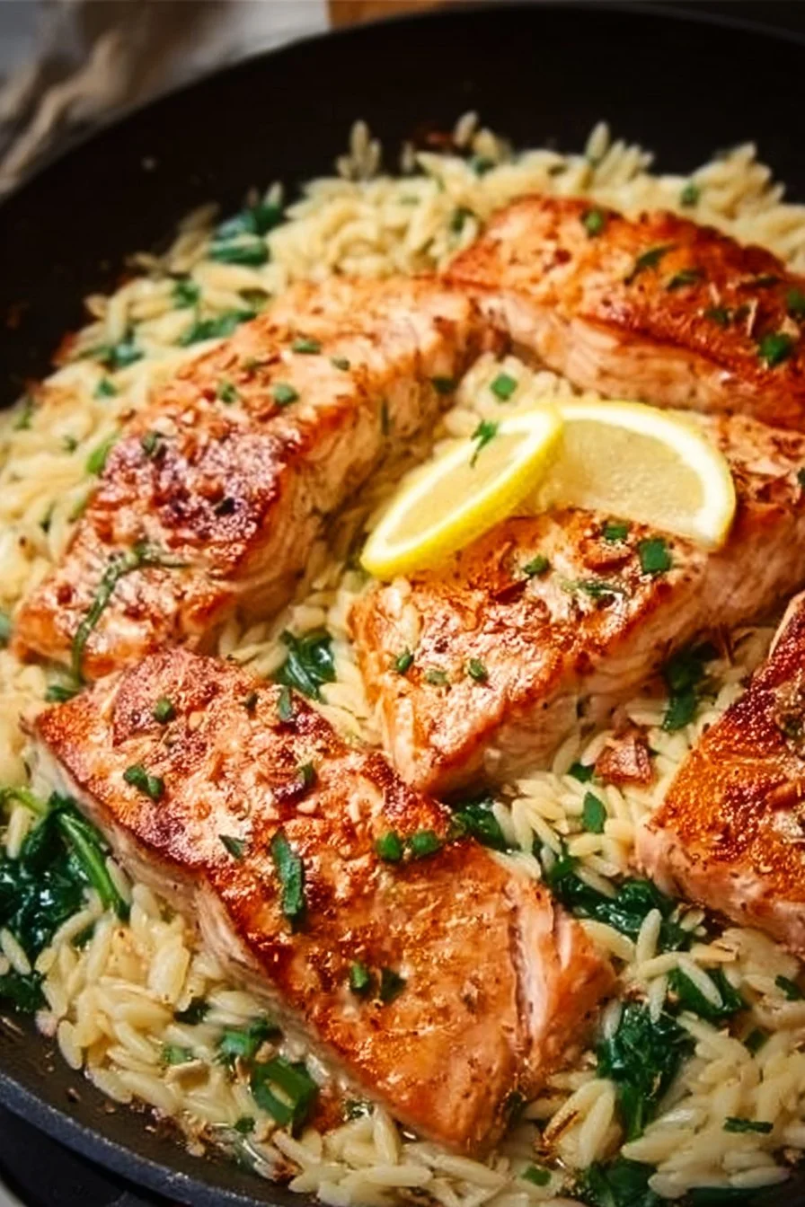 One skillet salmon served with lemon orzo in a vibrant dish