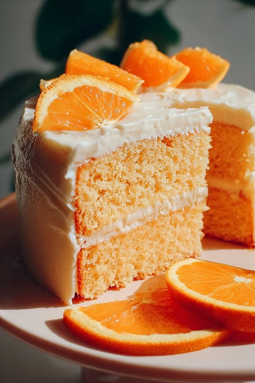 Deliciously decorated Orange Creamsicle Cake with orange and cream frosting.
