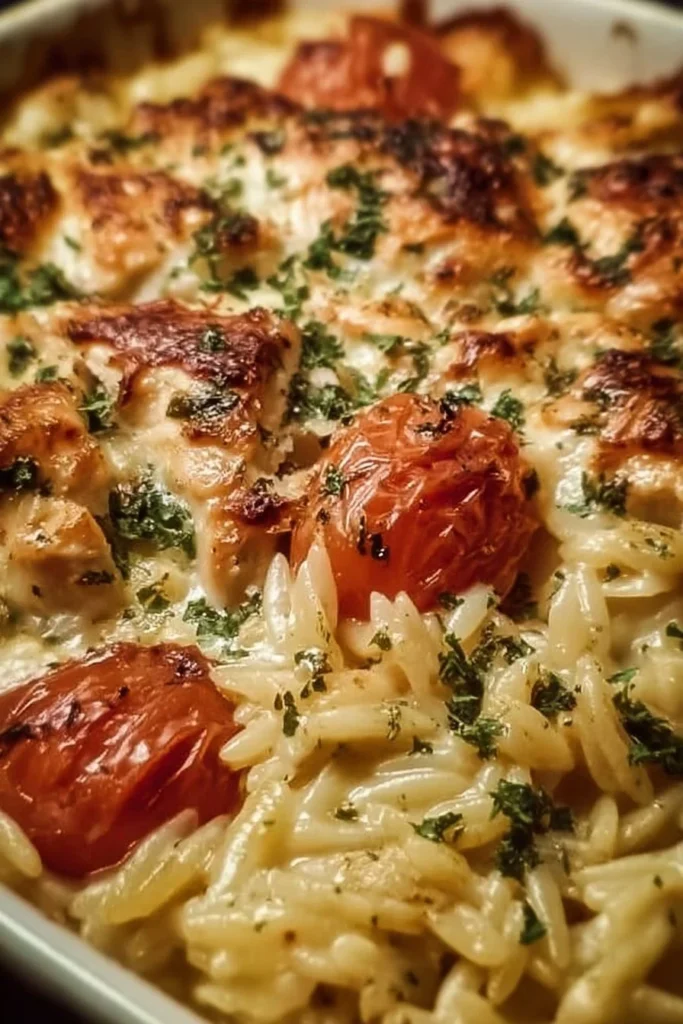 Delicious Orzo Tuscan Chicken Bake served in a dish