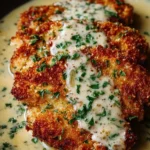 Parmesan Crusted Chicken topped with Creamy Garlic Sauce on a serving plate