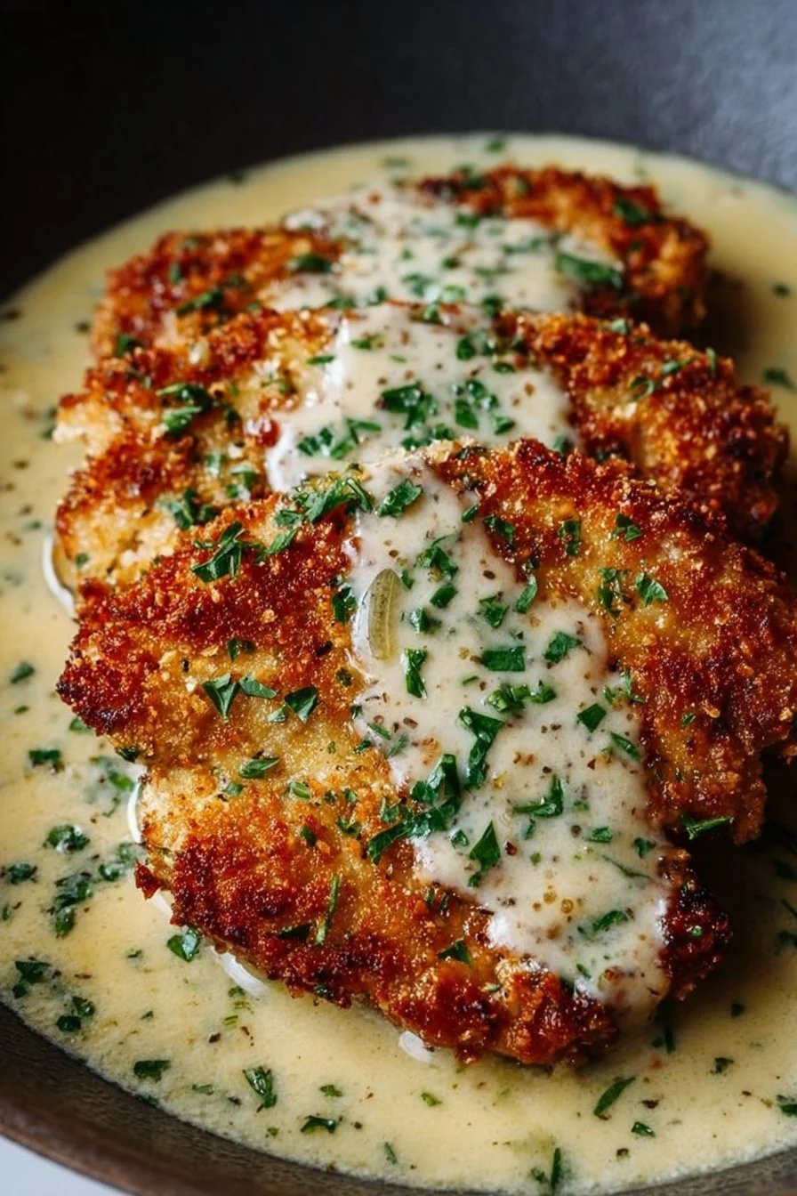 Parmesan Crusted Chicken topped with Creamy Garlic Sauce on a serving plate