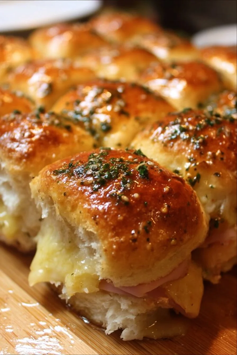 Cuban sliders with pickle-garlic butter on a wooden tray