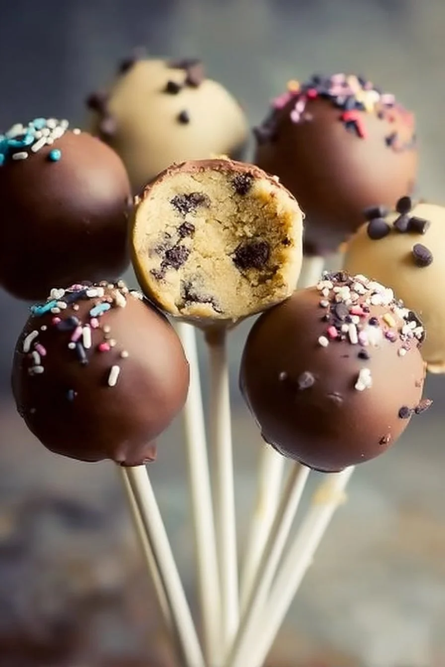 Delicious cookie dough pops dipped in chocolate and decorated with sprinkles