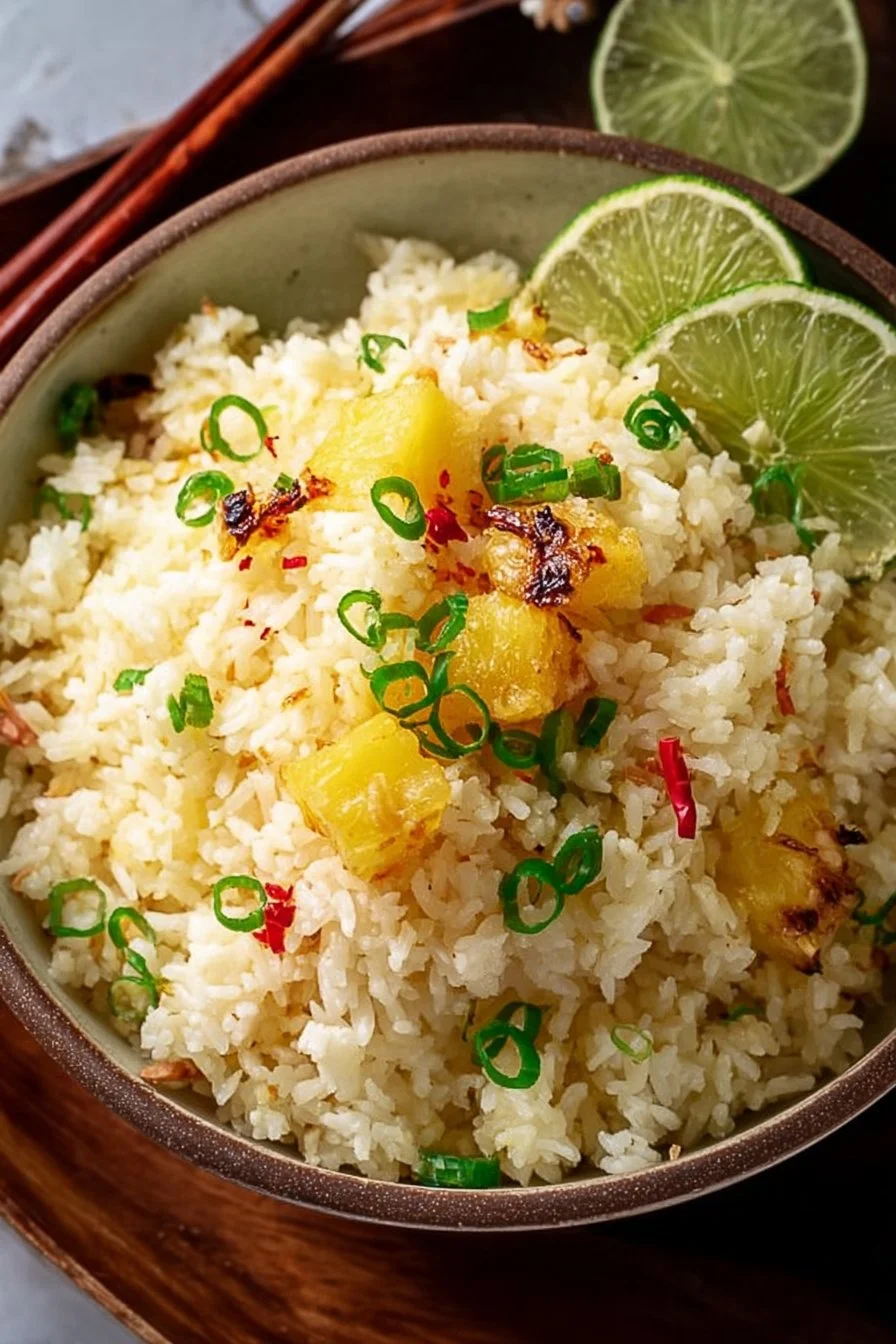 Delicious plate of pineapple rice garnished with fresh herbs and spices.