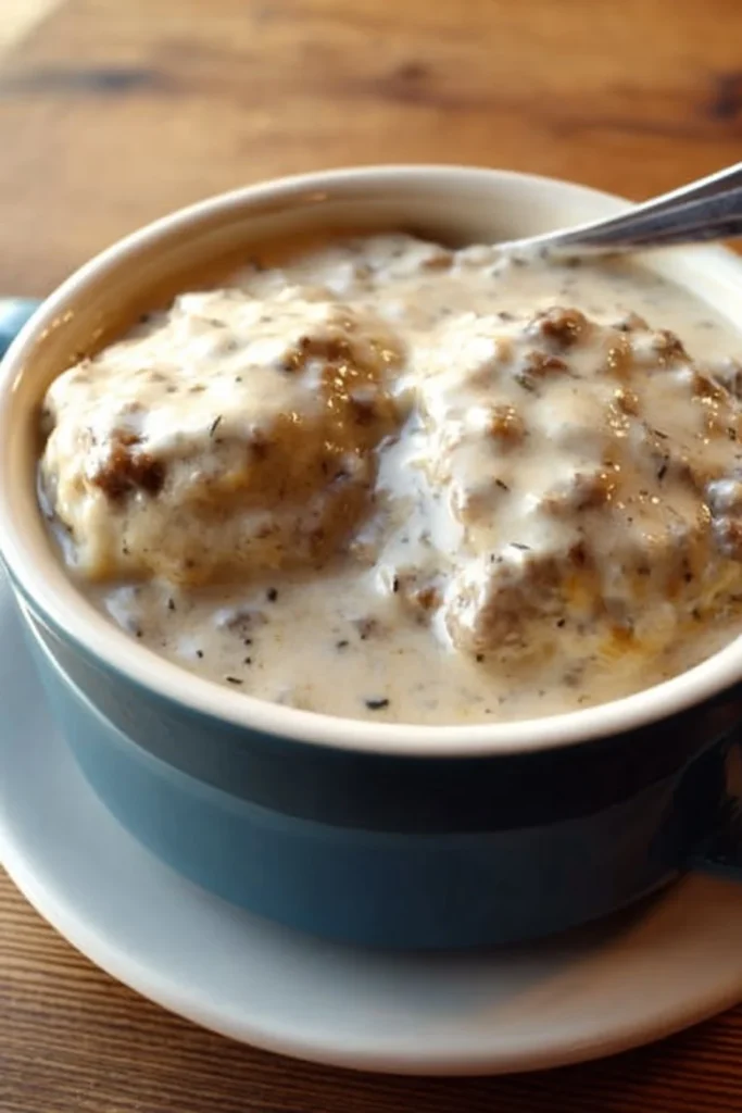 Delicious Pioneer Woman sausage gravy served with biscuits