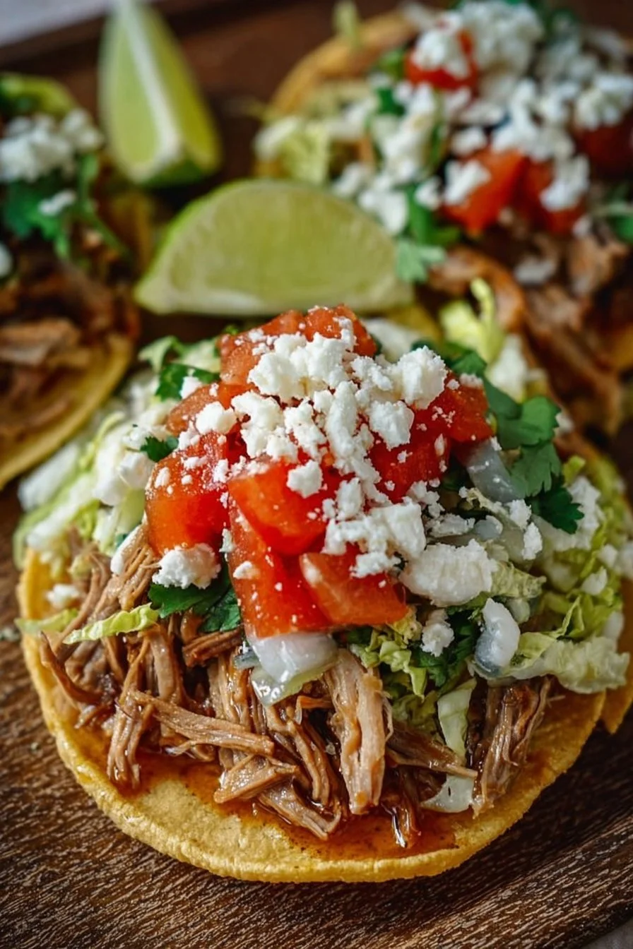 Delicious Pork Tostadas topped with fresh ingredients