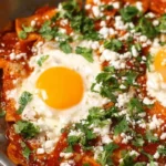 Delicious red chilaquiles topped with cheese, avocado, and cilantro