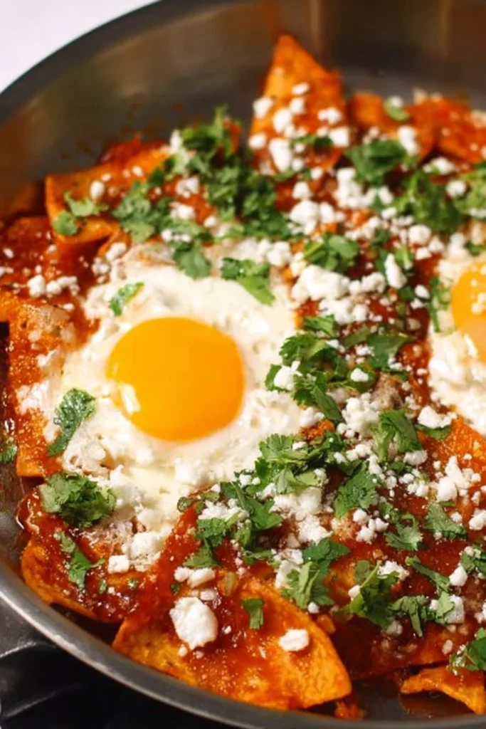 Delicious red chilaquiles topped with cheese, avocado, and cilantro