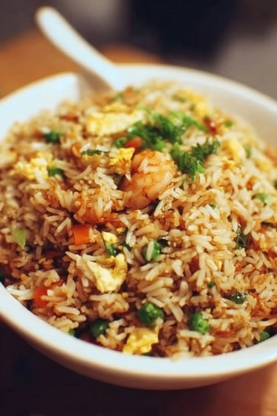 Delicious plate of restaurant style fried rice garnished with vegetables and herbs