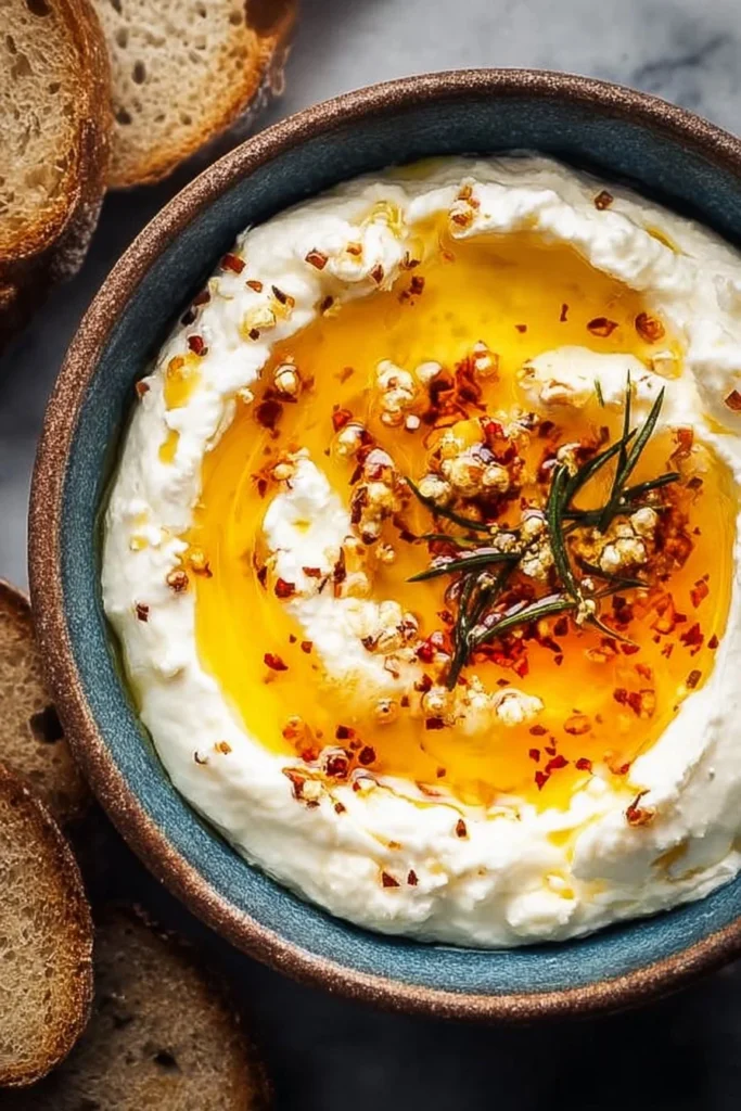 Creamy Ricotta Dip drizzled with Hot Honey served in a bowl