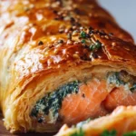 Plated Salmon Wellington with flaky pastry and herbs