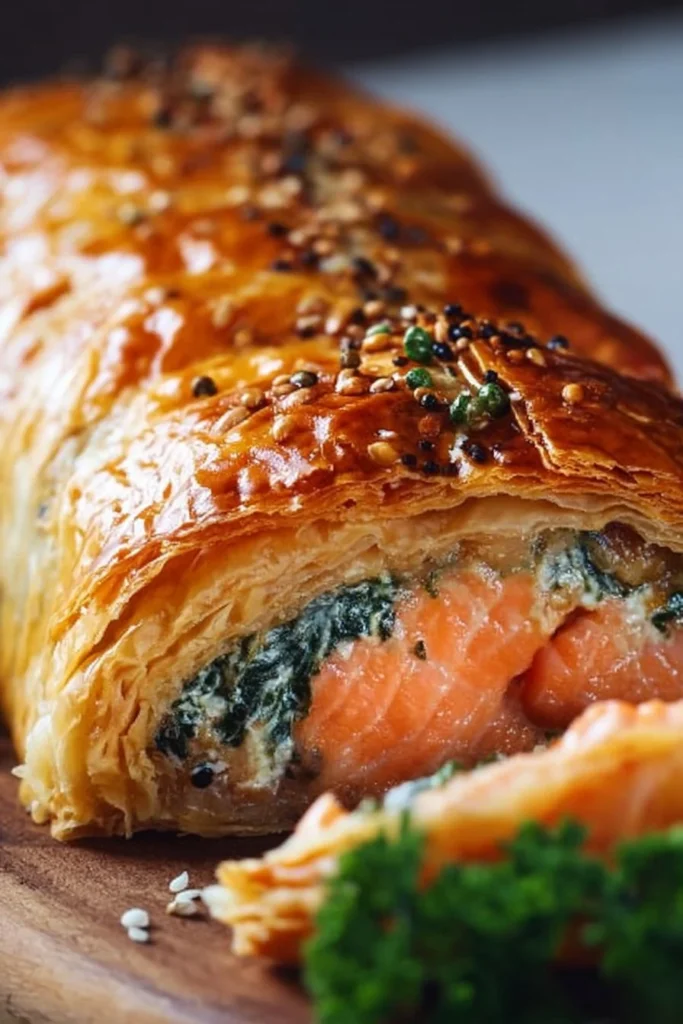 Plated Salmon Wellington with flaky pastry and herbs