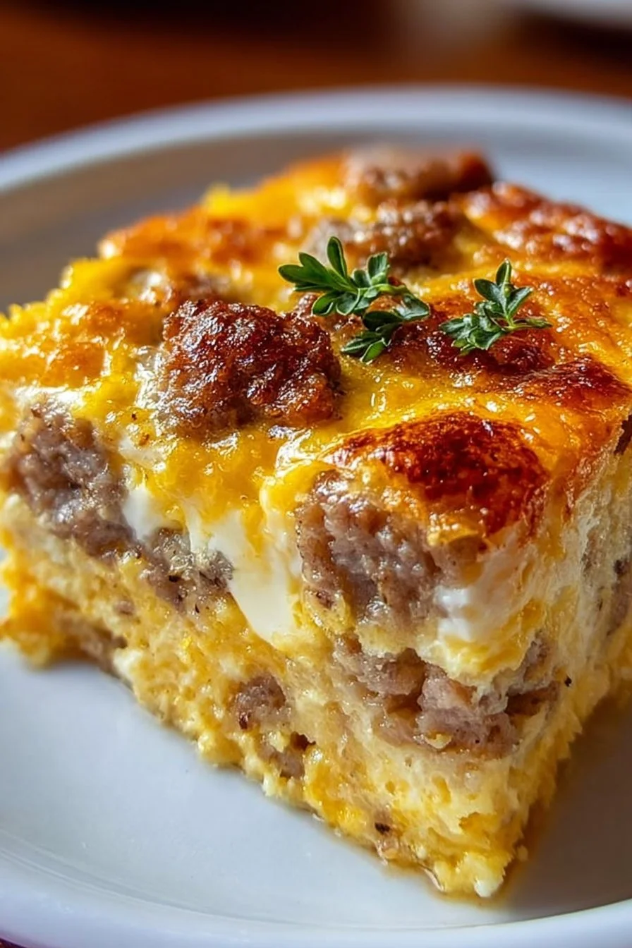 Delicious Sausage and Egg Casserole topped with herbs and cheese