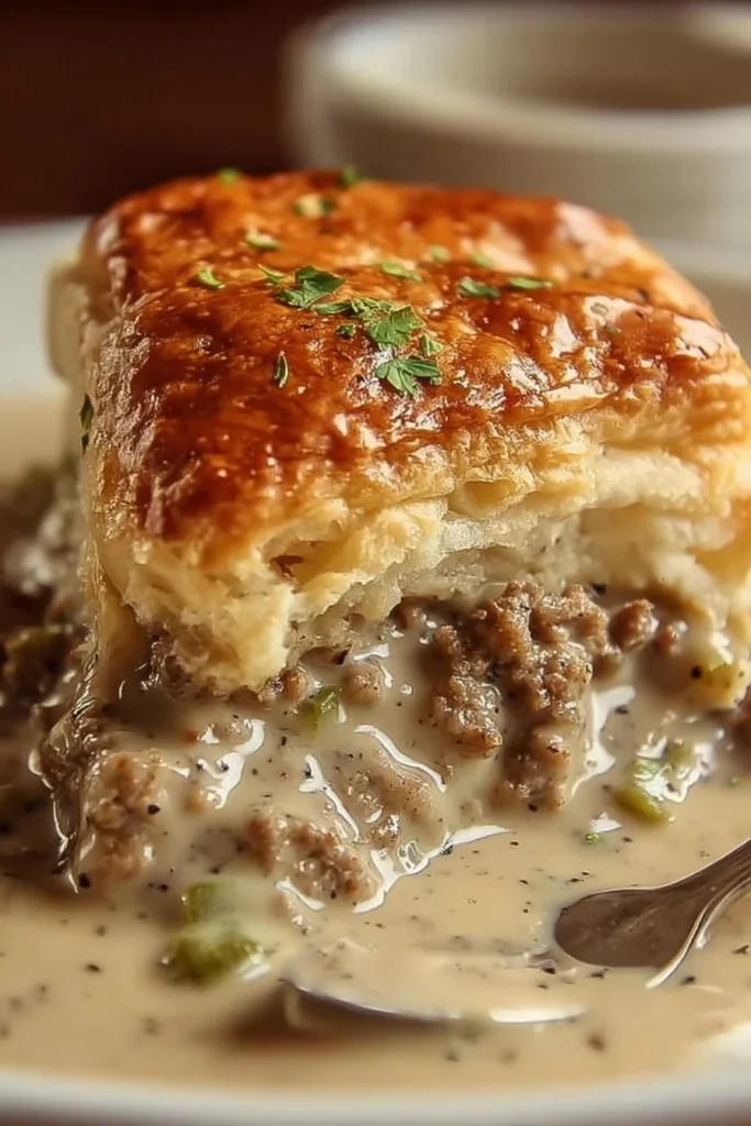 Sausage gravy served with a biscuit pie for a comforting breakfast dish.
