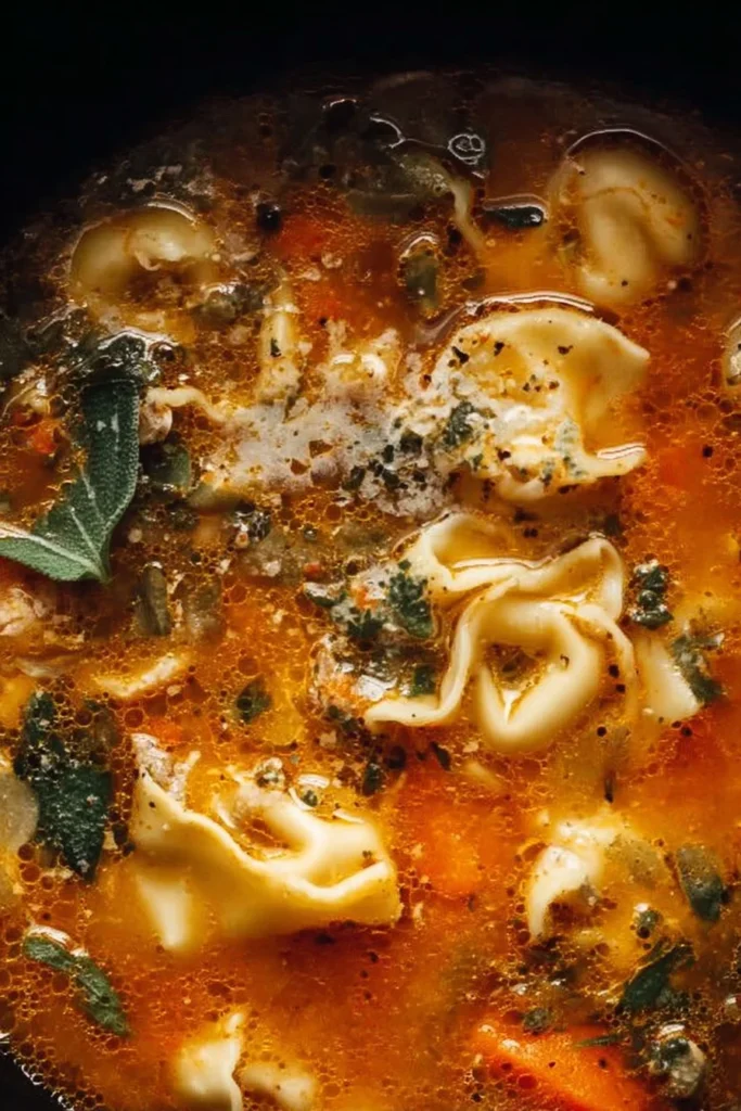 Bowl of fragrant Sausage Tortellini Soup garnished with herbs