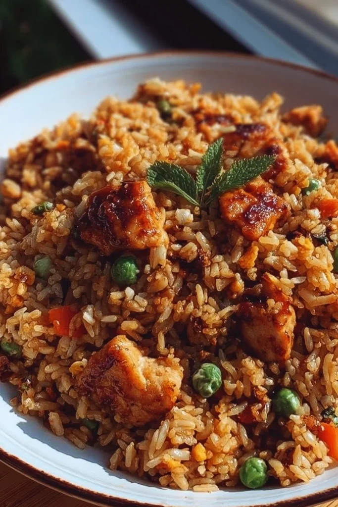 A delicious bowl of BBQ Chicken Fried Rice garnished with green onions.