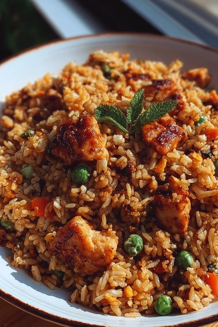 A delicious bowl of BBQ Chicken Fried Rice garnished with green onions.