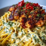 Savory Cajun Chicken served with creamy garlic parmesan linguine on a plate