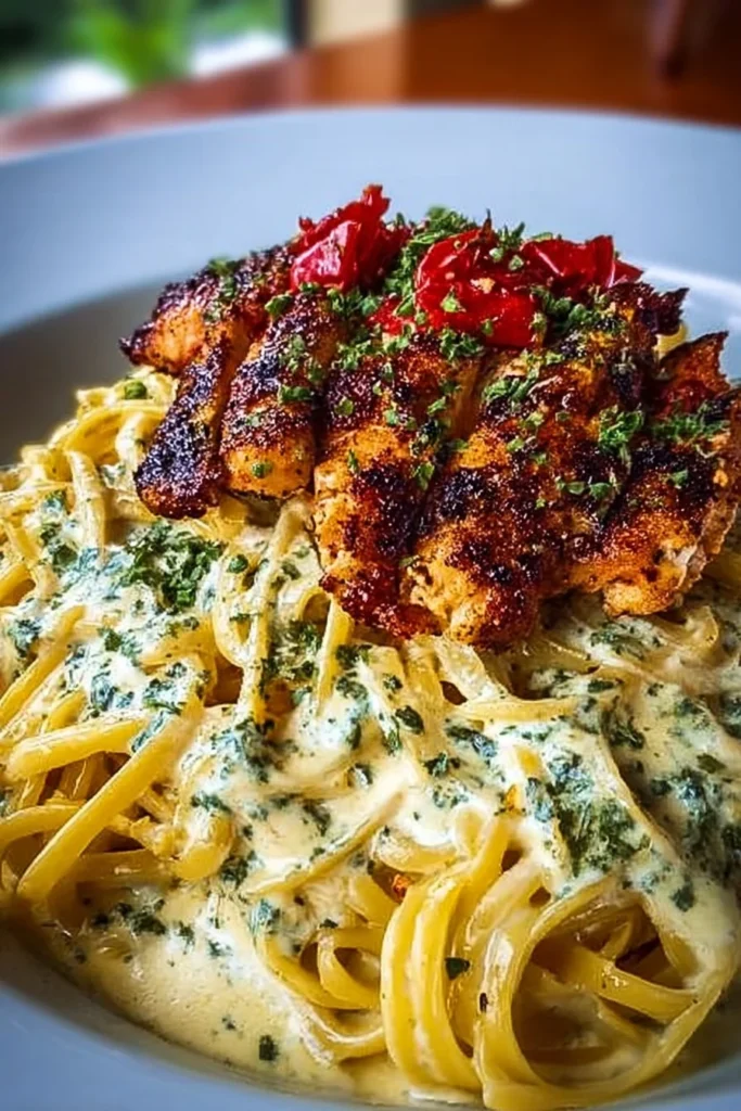 Savory Cajun Chicken served with creamy garlic parmesan linguine on a plate