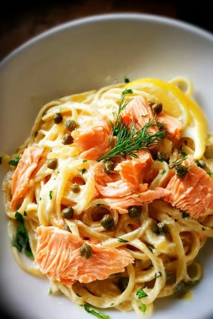 Plate of savory smoked salmon linguine garnished with herbs