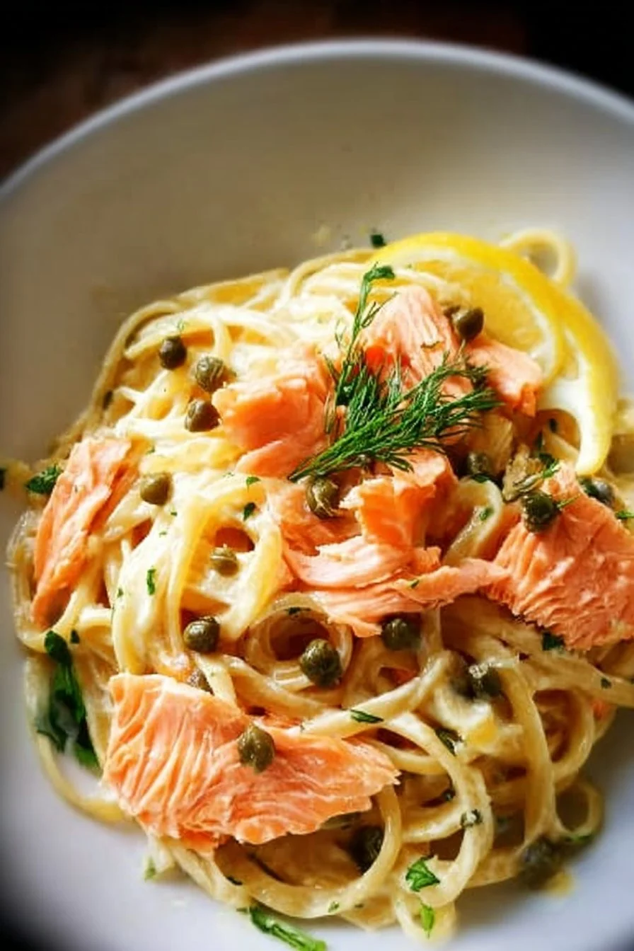 Plate of savory smoked salmon linguine garnished with herbs