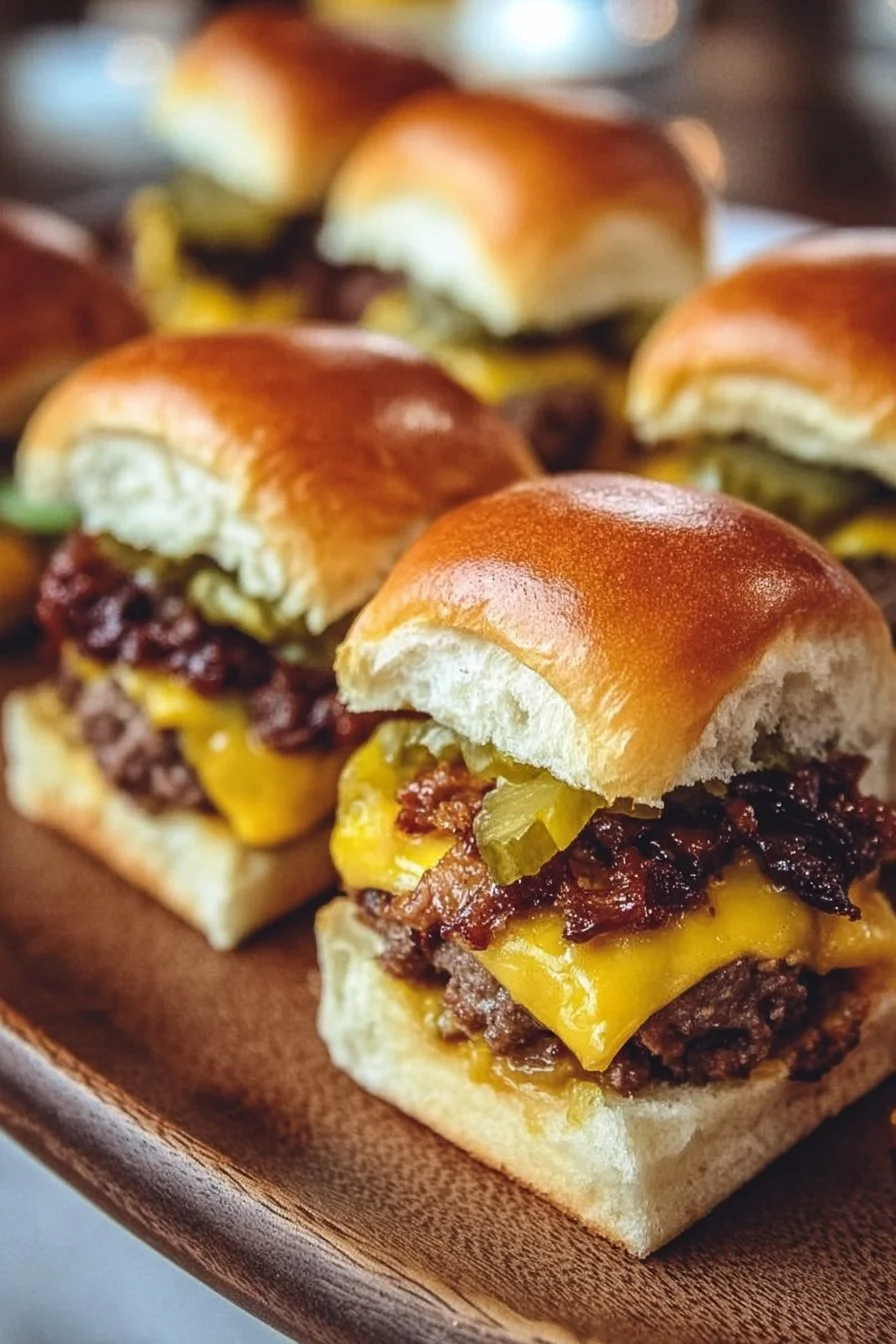 Delicious sheetpan burger sliders served on a platter