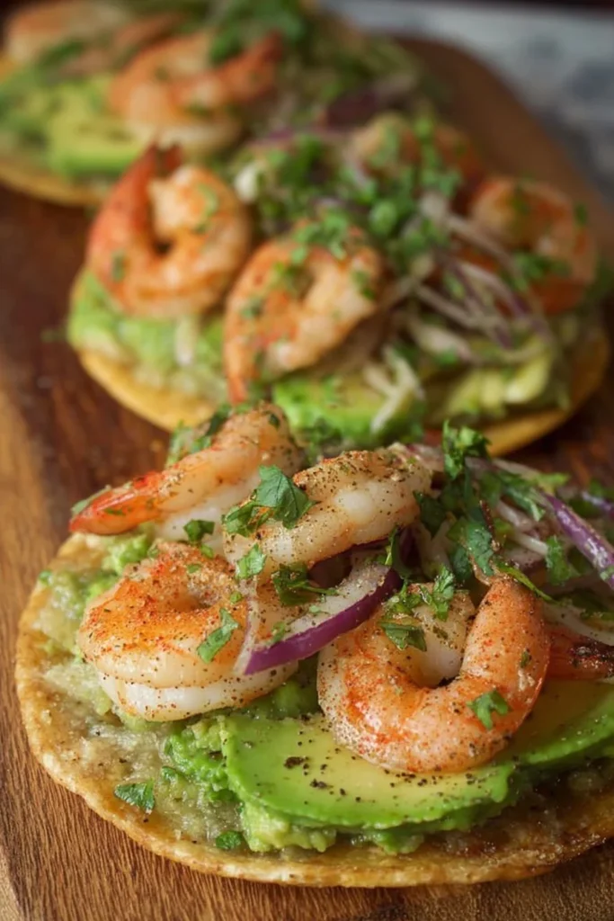 Delicious shrimp avocado tostadas garnished with lime and cilantro