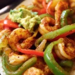A plate of vibrant shrimp fajitas with colorful peppers and onions