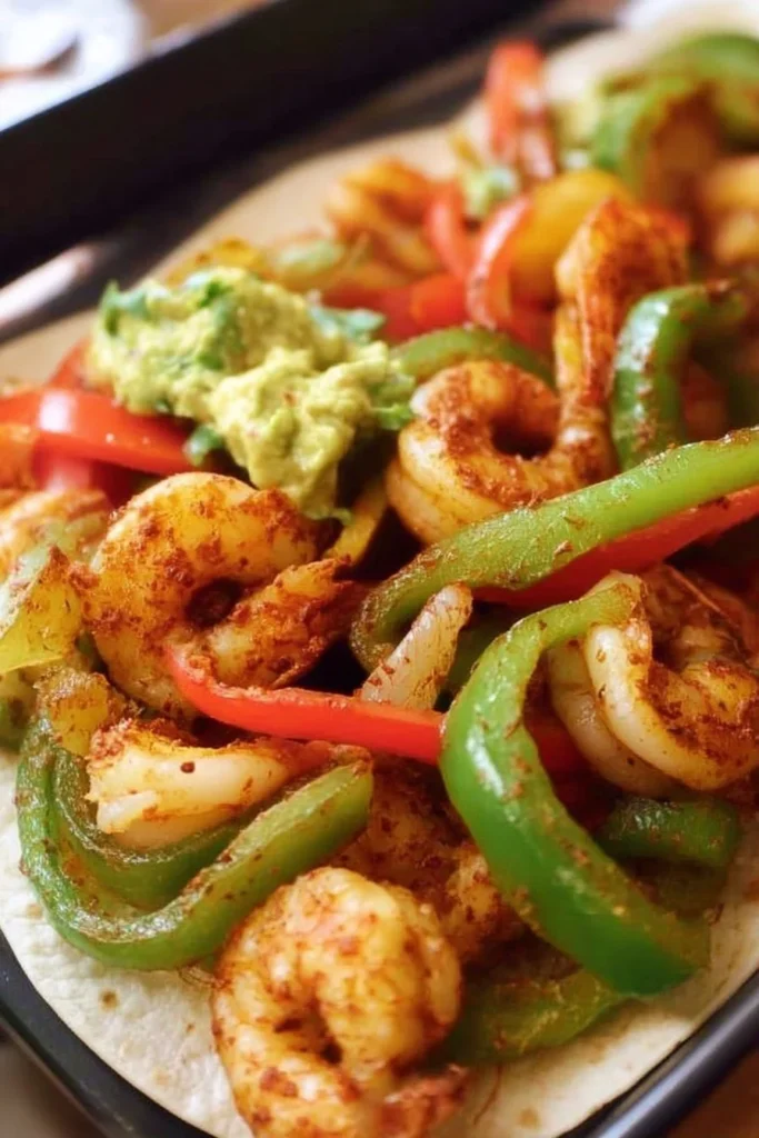 A plate of vibrant shrimp fajitas with colorful peppers and onions