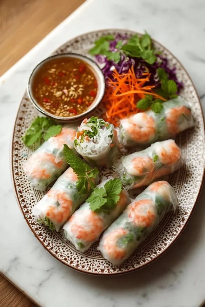 Plate of crispy shrimp spring rolls with fresh vegetables and dipping sauce