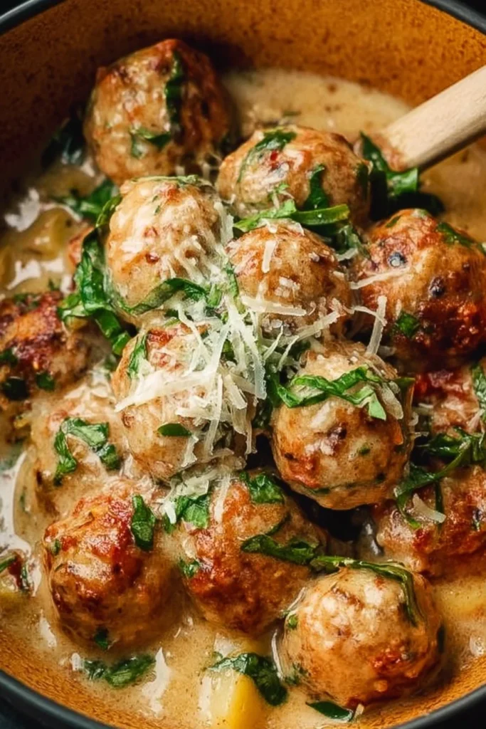 Delicious slow cooker Tuscan chicken meatballs served on a plate with sauce.