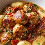 Slow Cooker Tuscan Chicken Meatballs served with gnocchi in a rich sauce
