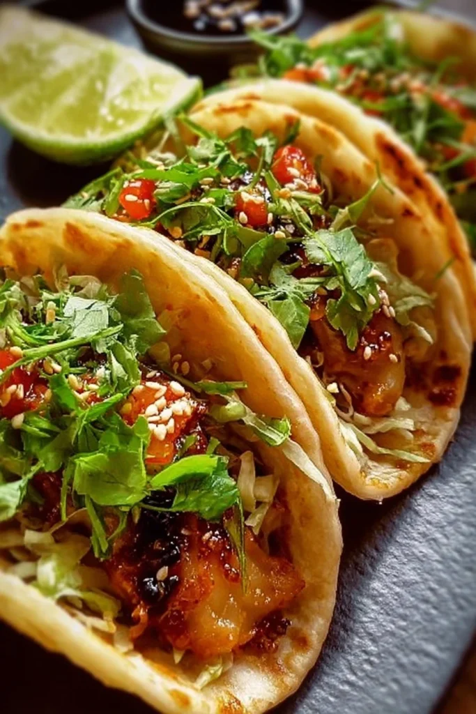 Plate of smash dumpling tacos with fresh toppings and vibrant colors