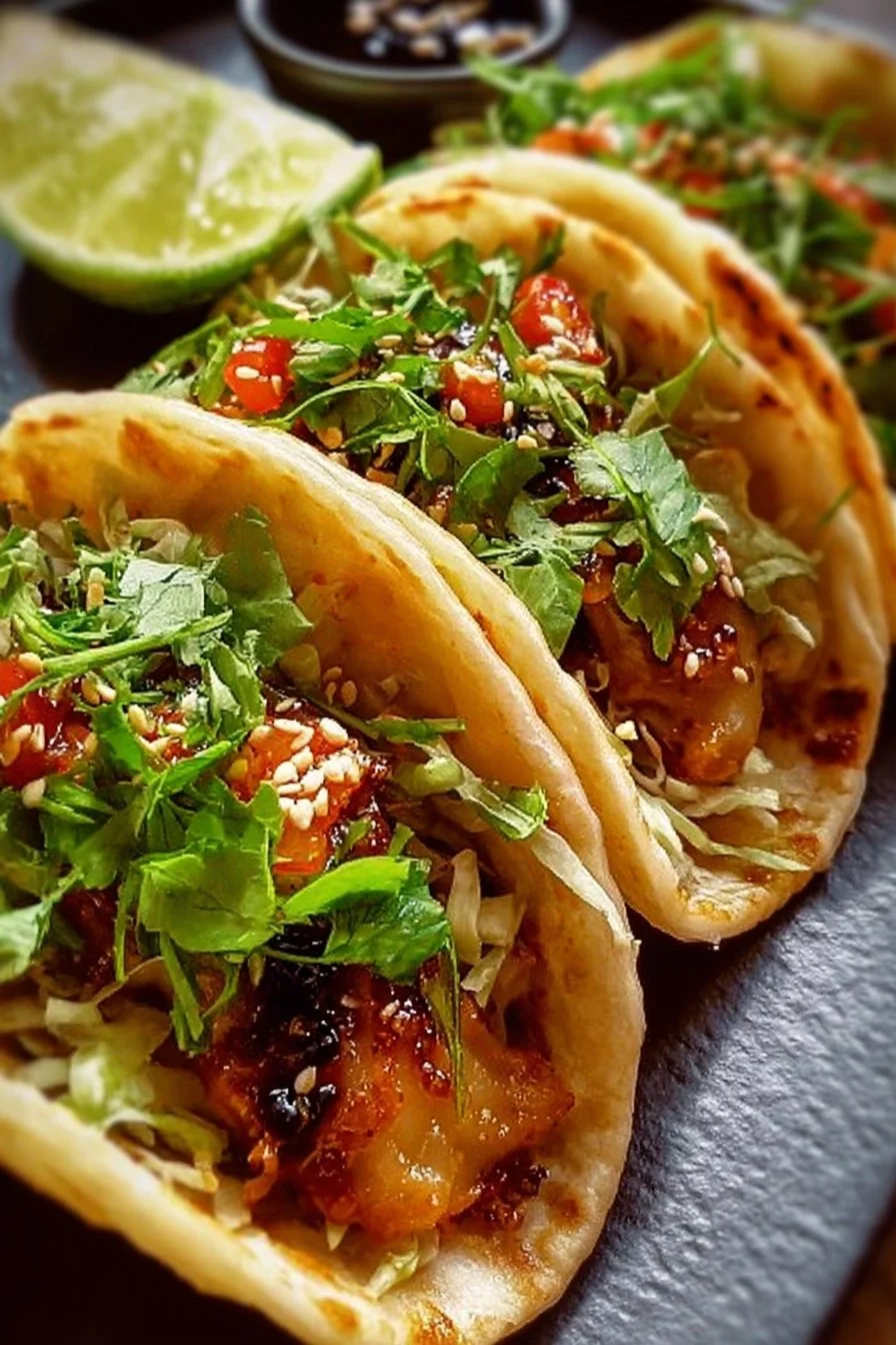 Plate of smash dumpling tacos with fresh toppings and vibrant colors