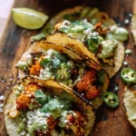 Smoky roasted cauliflower tacos topped with jalapeño verde sauce