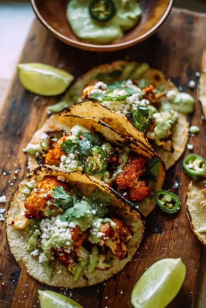 Smoky roasted cauliflower tacos topped with jalapeño verde sauce