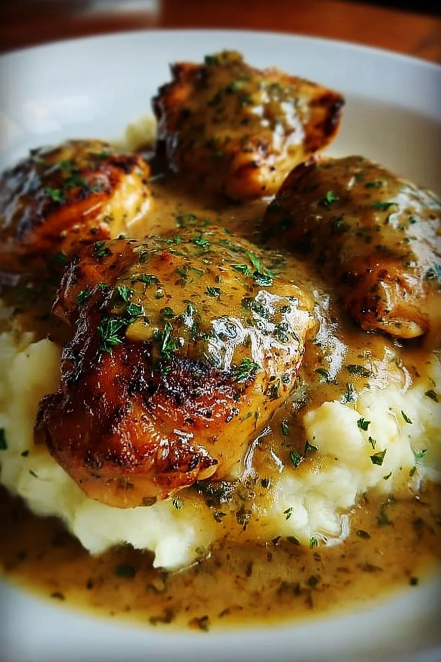 Delicious smothered chicken thighs in savory gravy served on a plate