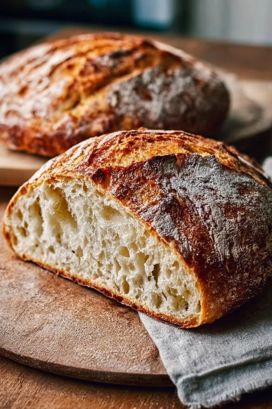 Freshly baked sourdough bread with a golden crust and airy interior.