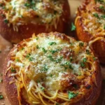 Delicious spaghetti garlic bread bowls with pasta and garlic butter flavor