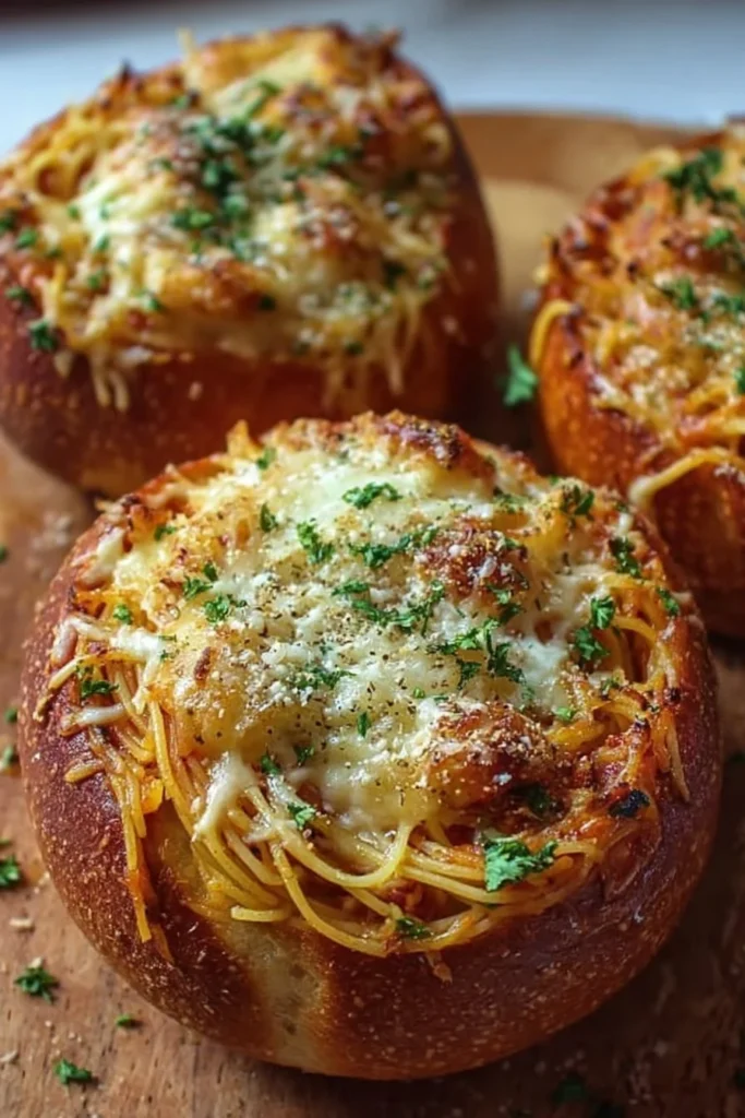 Delicious spaghetti garlic bread bowls with pasta and garlic butter flavor