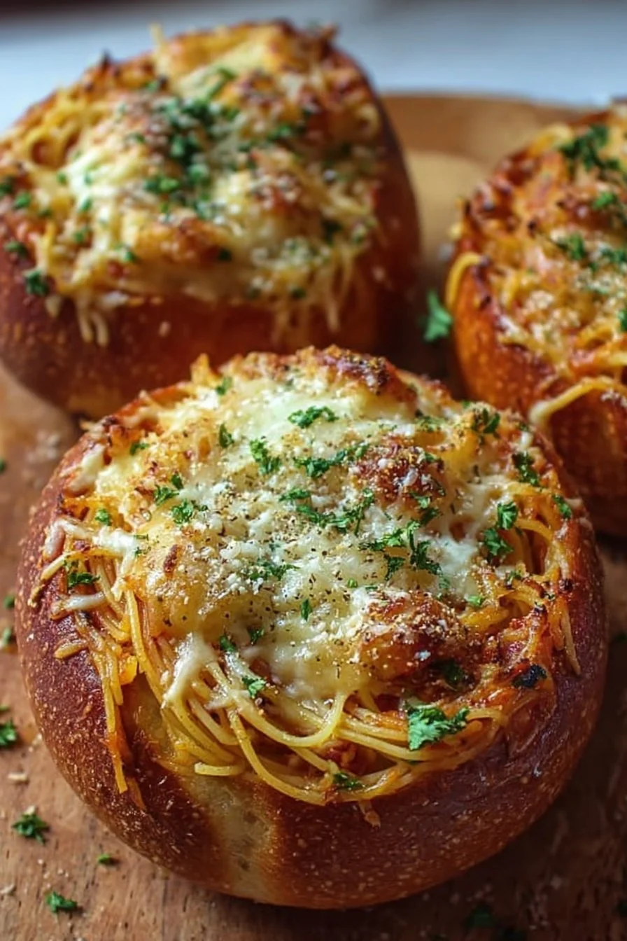 Delicious spaghetti garlic bread bowls with pasta and garlic butter flavor