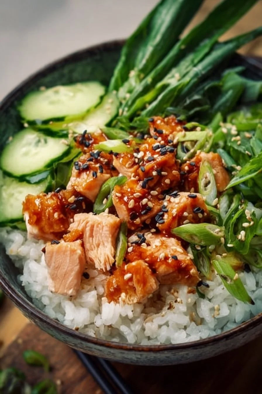 Spicy canned salmon rice bowl topped with fresh vegetables and sesame seeds