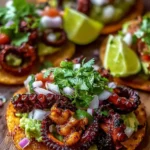 Spicy grilled octopus tostadas topped with fresh ingredients on a plate